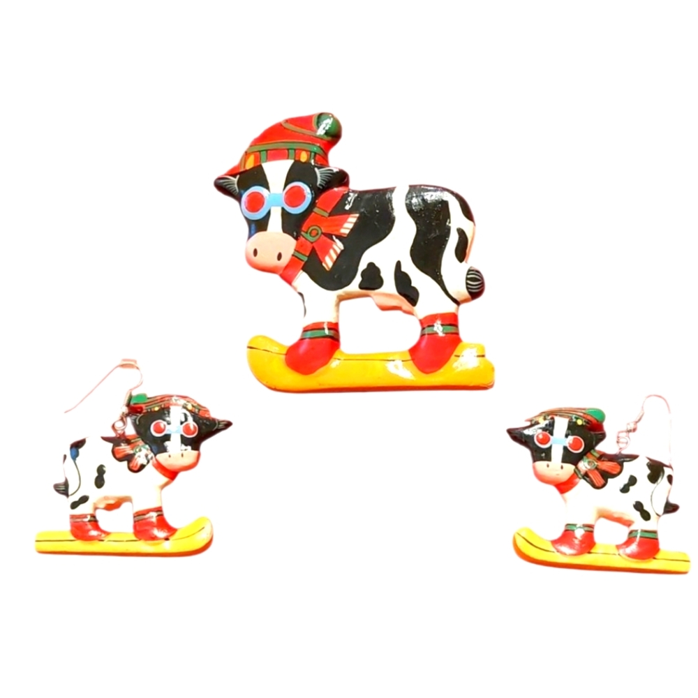 Vintage Christmas Skiing Cow Brooch and Earrings Set EUC